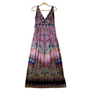 eci New York Women Size 4 Boho Silk Blend V-neck Lined‎ Tie Back Maxi Dress